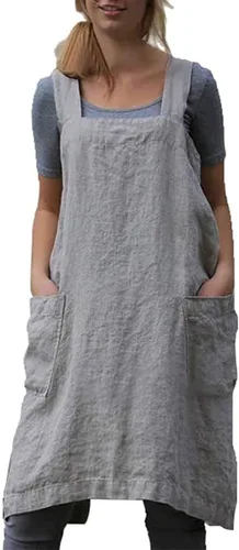 Vista 13 de Delantal Pinafore con espalda cruzada con bolsillos, delantal de lino y algodón, talla grande