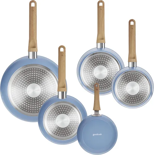 Vista 3 de GoodCook Juego de utensilios de cocina de cerámica saludable con infusión de titanio, 10 piezas, color azul claro, ollas, sartenes, vaporera