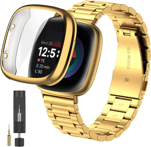 Vista 9 de ZPJPPLX para Fitbit Versa 4/Sense 2, Correa de Muñeca de Acero Inoxidable Sólido con Funda de Reloj, para Versa 3/Sense Correas de Repuesto de Metal