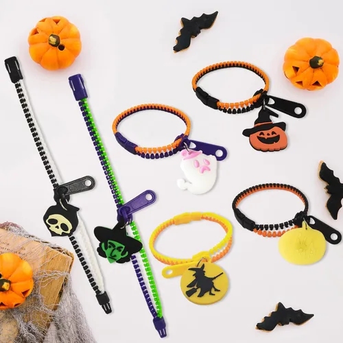 Vista 3 de OuMuaMua Pulseras con cremallera para fiestas de Halloween para niños, paquete de 28 pulseras con cremallera que brillan en la oscuridad
