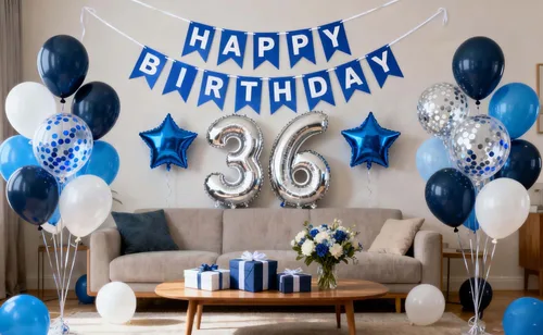 Vista 15 de Decoración de fiesta de cumpleaños número 30 para hombres, pancarta de feliz cumpleaños, color azul, plateado, número 30, globos de papel