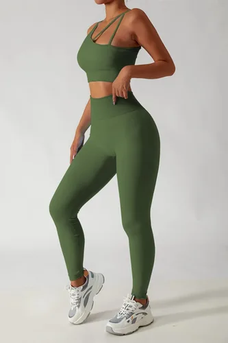 Vista 5 de QINSEN Conjuntos de entrenamiento para mujer, camisetas cortas deportivas sin costuras, leggings de cintura alta, trajes de dos piezas