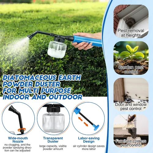 Vista 5 de Qualirey 1 paquete de polvo de tierra de diatomeas, aplicador dispensador de polvo de jardín de 250ml, rociador de perilla, aplicador de polvo
