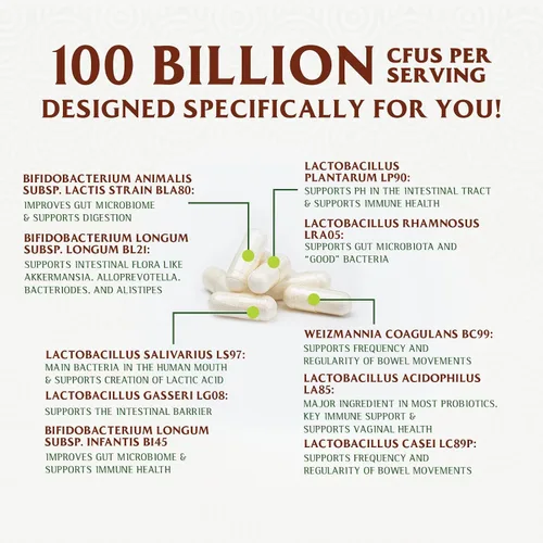 Vista 5 de Probióticos premium – 100 mil millones de UFC por porción – 10 cepas + prebióticos – El mejor suplemento para la salud intestinal para mujeres