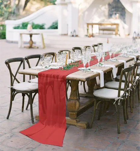 Vista 5 de Camino de mesa de gasa de Navidad rojo de 55 pulgadas de largo, camino de tul transparente de gasa para decoración rústica, boda, recepción