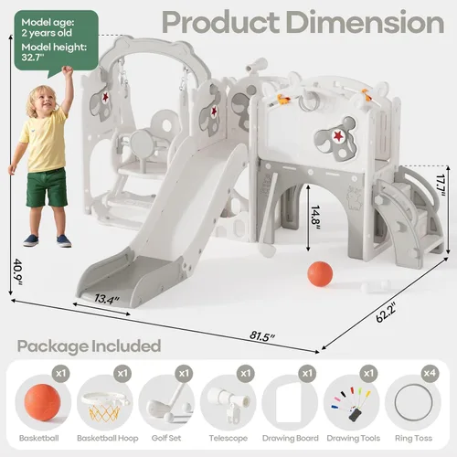 Vista 6 de Mloong Juego de toboganes y columpios 11 en 1 para niños pequeños de 1 a 3 años, para interiores y exteriores, con aro de baloncesto, golf, fácil