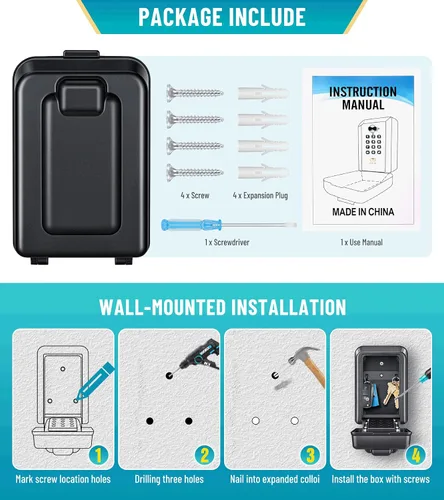 Vista 6 de Caja de bloqueo de llave con código, caja de seguridad montada en la pared para llaves con código reposable, caja de seguridad para exteriores