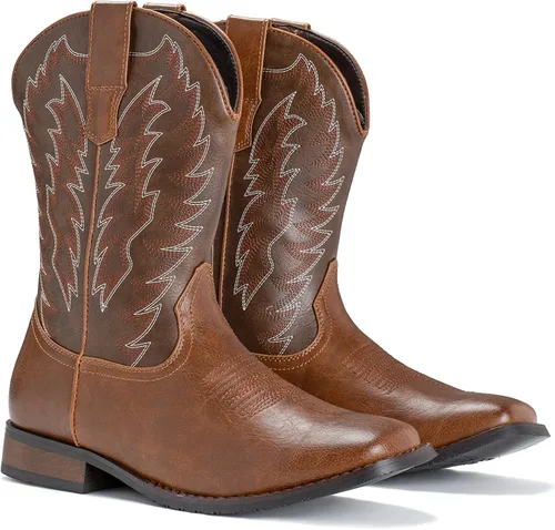 Vista 8 de IUV Botas vaqueras para hombre, botas occidentales, duraderas, clásicas, bordadas, punta cuadrada, botas tradicionales