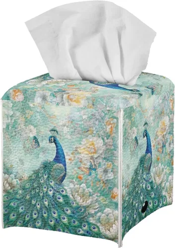 Vista 14 de Caja de pañuelos cuadrada para caja de pañuelos faciales, organizador de servilletas de pavo real, dispensador para dormitorio, oficina, decoración