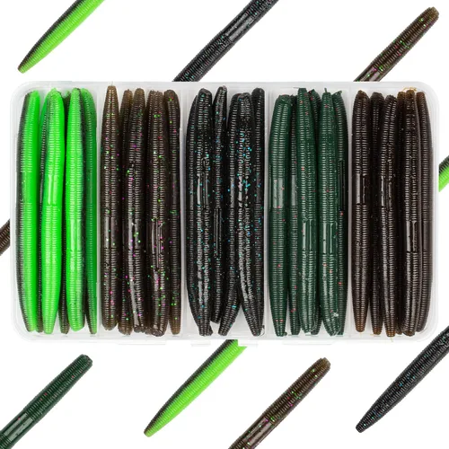 Vista 10 de 30/50/78/100 piezas Senko Worms Kit - Señuelos de pesca de plástico suave de 4"/5" con impregnación de sal para pesca de lubina