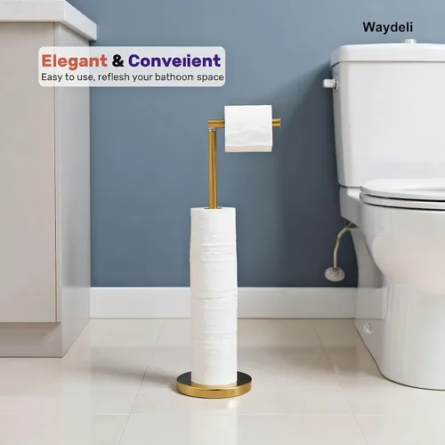 Vista 10 de Soporte de papel higiénico dorado, soporte de papel higiénico independiente con reserva para 4 rollos de repuesto, base resistente, estante