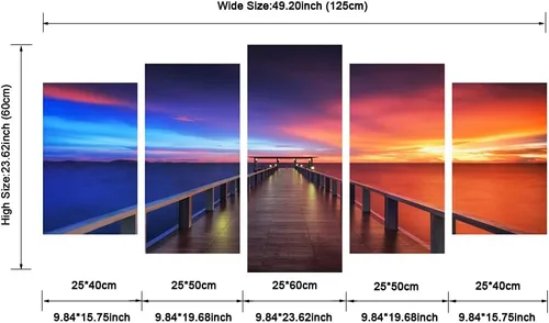 Vista 6 de Pyradecor 5 paneles tamaño XL atardecer, puente, impresiones en lona HD, paisajes del mar, arte en lona, paisajes para el hogar, decoración