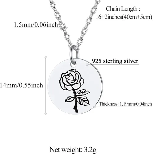 Vista 6 de Collar de plata de ley con flor de nacimiento y moneda, conjunto de joyas florales de rosa de junio para mujer