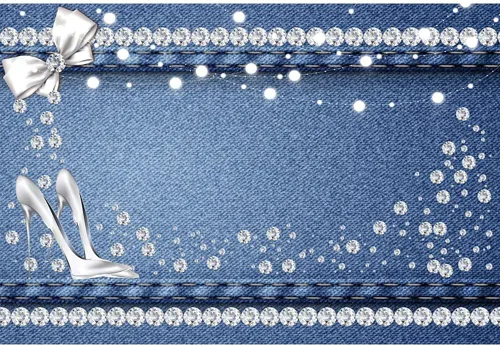 Vista 7 de AOFOTO Telón de fondo azul de mezclilla y diamantes de 5 x 3 pies con purpurina y tacones de cristal con lazo, fondo de fotografía para mujeres