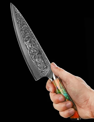 Vista 2 de Cuchillo de chef de 8 pulgadas, serie Xuan, VG10, cuchillo de cocina de acero Damasco, mango de resina (naranja fantasía)