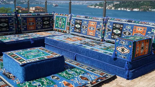 Vista 2 de Blue Arabic Floor Sofa, L Shape Corner Seating Set, Bench Cushions, Sectional Sofa, Pallet Sofas, Floor Cushions, Floor Couch, Oriental Sofa, Sofa
