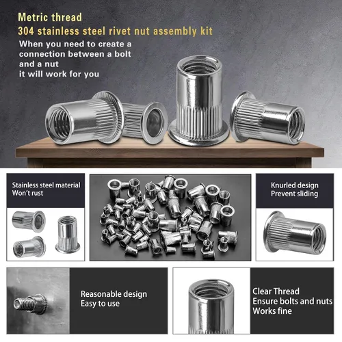 Vista 3 de ASKWAY Kit de tuercas remachables de acero inoxidable, 210 piezas, combinación de tuercas remachadoras de presión de acero inoxidable 304, adecuado