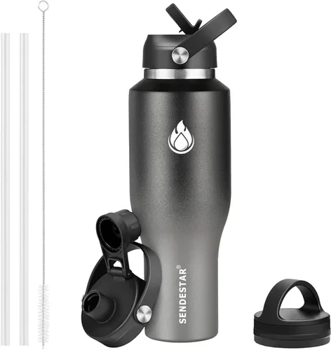 Vista 42 de SENDESTAR - Botella de agua de 0,9 L, 2 tapas (tapa con pajita), boca ancha de acero inoxidable aislada al vacío, doble pared, mantiene los líquidos