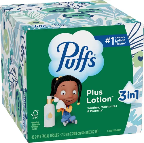 Vista 12 de Puffs Plus Loción Facial Tissue, 1 caja de cubo, 48 pañuelos por caja