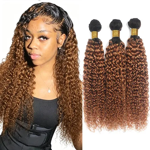 Vista 38 de P4613 Cabello humano rizado onda profunda marrón y paquetes mixtos 8 10 12 P4613 Ombre Marrón-Rubio-DP