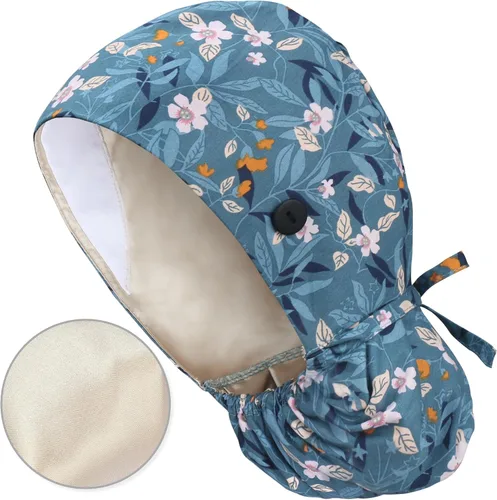 Vista 17 de QBA Gorra de trabajo ajustable con botón, gorro forrado de satén, gorro de trabajo de algodón, banda elástica para atar en la espalda, unisex