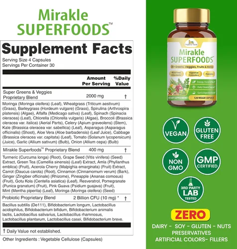 Vista 2 de Organic Veda Mirakle Superfoods - Cápsulas de verduras y verduras diarias con moringa, espirulina, clorella, cúrcuma y hierbas, antioxidantes