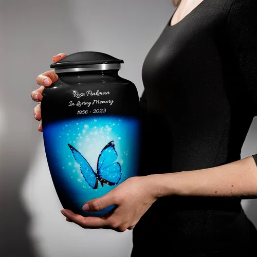 Vista 2 de Urna de cremación de mariposa azul para cenizas humanas, homenaje conmemorativo personalizado en azul brillante, nombre y fechas personalizados