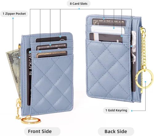 Vista 2 de Soporte para tarjetas de crédito, cartera delgada con llavero con bolsillo frontal para monedas, bolsillo frontal pequeño para mujer, color azul