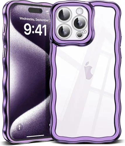 Vista 93 de SKYLMW Funda compatible con iPhone 12 Pro, diseño de ondas rizadas kawaii, borde chapado de lujo, elegante parte trasera transparente brillante, TPU