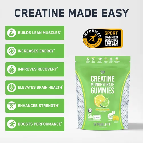 Vista 2 de SteelFit Creapure - Gomitas de monohidrato de creatina para hombres y mujeres, lima limón, suplementos nutricionales para entrenamiento de gimnasio