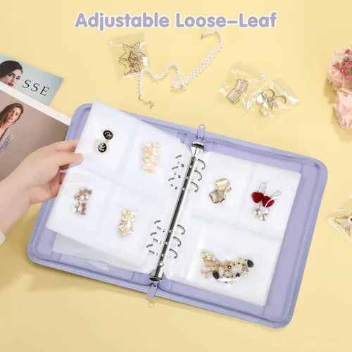 Vista 5 de Estuche organizador de viaje para joyas, libro portátil de piel sintética con bolsillos transparentes con cremallera para collares, aretes, pulseras