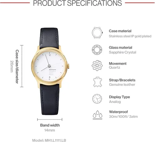 Vista 3 de Mondaine Reloj casual 'Helvetica No.1' de cuarzo de acero inoxidable y cuero negro para hombre (Modelo MH1L1111LB), Negro -, Movimiento de cuarzo