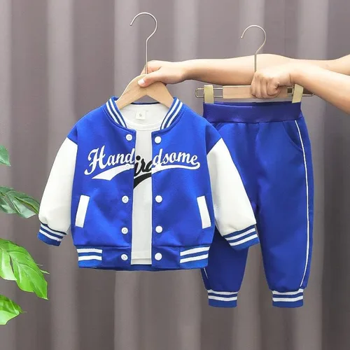 Vista 2 de Ropa deportiva para bebés, ropa para niños y niñas, chaqueta de béisbol+camiseta+pantalón, 3 piezas, ropa escolar para niños