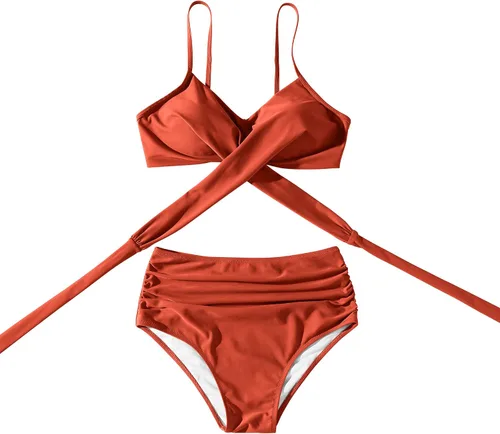 Vista 3 de SUUKSESS - Traje de baño tipo bikini para mujer, 2 piezas, entrecruzado, de tiro alto, con efecto de realce