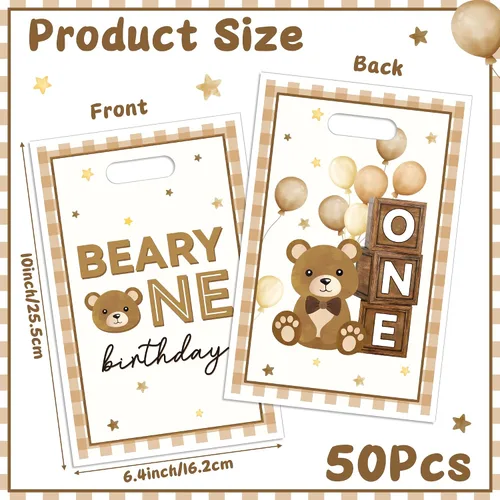 Vista 2 de Bolsa de Regalo para Primera Fiesta de Cumpleaños Oso 50Pcs Bolsas de Dulces y Regalos con Oso Marrón Dulces y Golosinas para Fiesta Temática Oso