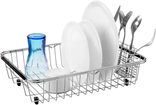 Vista 6 de SANNO Escurridor de platos con soporte para utensilios de acero inoxidable, escurridor grande para platos, estante expandible para fregadero o sobre