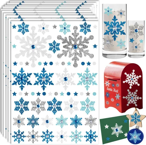 Vista 6 de Copos de nieve con purpurina de Navidad, diamantes dimensionales 3D, calcomanías de Navidad para manualidades, calcomanías navideñas para tarjetas