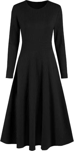 Vista 6 de ZAFUL Vestido largo casual de manga larga para mujer, de punto acanalado, cuello redondo, cintura alta, acampanado, color sólido, vestido midi