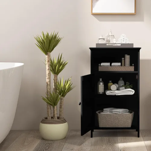 Vista 2 de Giantex Armario de almacenamiento de piso de baño, gabinete lateral con compartimento abierto, estante ajustable de 3 posiciones, base elevada