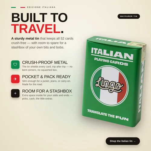 Vista 3 de Lingo Naipes italianos en lata de viaje premium Aprende vocabulario y frases italianas para adultos y principiantes Edición de caja de regalo