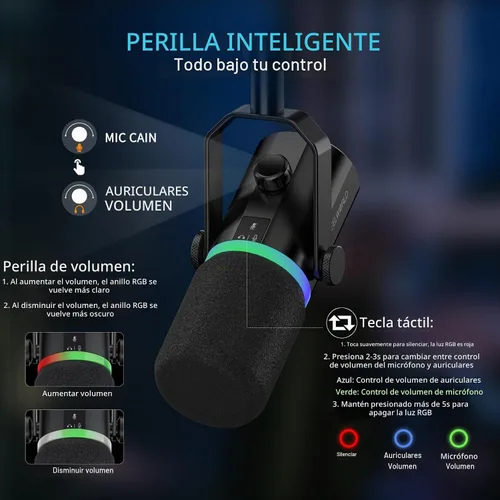 Vista 7 de FEELWORLD PM1 XLR USB Negro Metal Podcast Micrófono Dinámico con Escritorio
