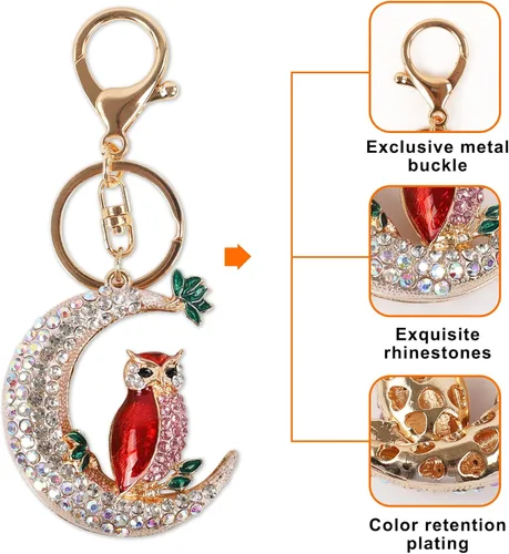 Vista 3 de Llavero de búho, llavero de diamantes de imitación de cristal, 1 juego de decoración de animales para suministros de automóvil, regalo para mujeres