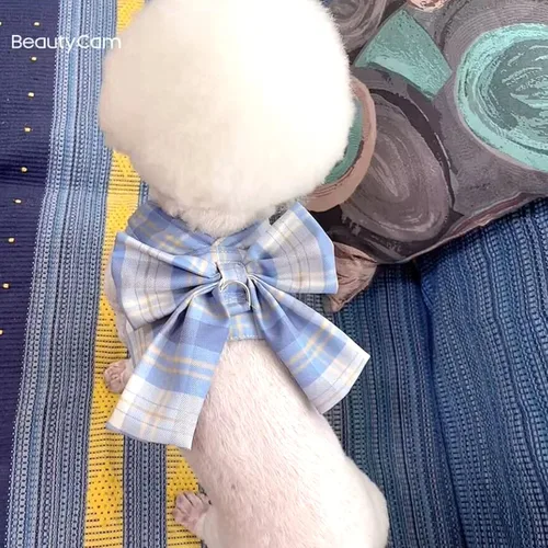 Vista 4 de Conjunto de Vestido a Cuadros para Perro con Corbata de Moño, Arnés y Correa, Ropa para Perro Vestido con Arnés con Anilla para Correa para Perras
