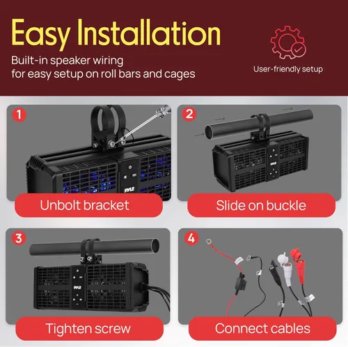 Vista 7 de Pyle Barra de sonido ATV/UTV de 11 pulgadas, altavoces Bluetooth UTV impermeables con amplificador de clase D integrado, sistema de altavoces de 2