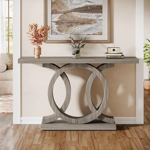 Vista 5 de Tribesigns Mesa consola de 55 pulgadas con base de madera geométrica, mesa de entrada moderna con mesa gruesa para sala de estar, pasillo, vestíbulo