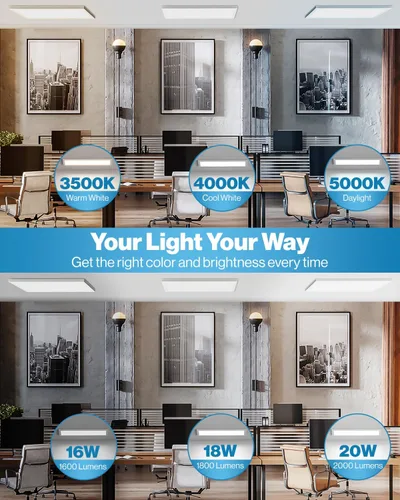 Vista 3 de Sunco - Paquete de 12 luces LED de panel plano de 1x2, CCT doble seleccionable 3500K/4000K/5000K y potencia seleccionable 16W/18W/20W, 2000 LM