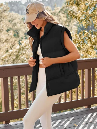 Vista 3 de AUTOMET Chalecos acolchados para mujer, chaquetas de moda de otoño, trajes hinchados, abrigos de moda sin mangas, ropa de invierno