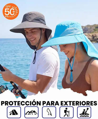 Vista 3 de Home Prefer Sombrero de sol para exteriores UPF50+ Sombrero de pesca de malla de ala ancha con solapa para el cuello Azul aguamarina