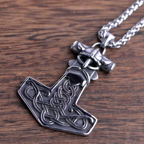 Vista 8 de LANGHONG Collar de martillo de Thor vikingo nórdico Mjolnir para hombre, joyería de talismán