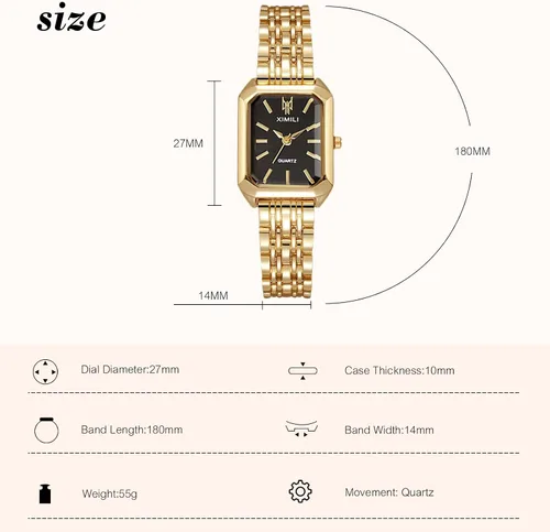 Vista 5 de RORIOS Reloj rectangular de acero inoxidable para mujer, reloj de pulsera de cuarzo